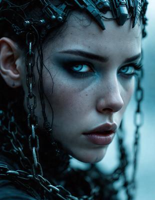 The primary subject of the image is a woman with a unique and striking appearance. She is wearing a chain-like headpiece and has a blue eye. The setting is a dark room, and the visual style is a close-up of the woman's face. The colors and mood of the image are predominantly dark, with the woman's blue eye being the most prominent feature.